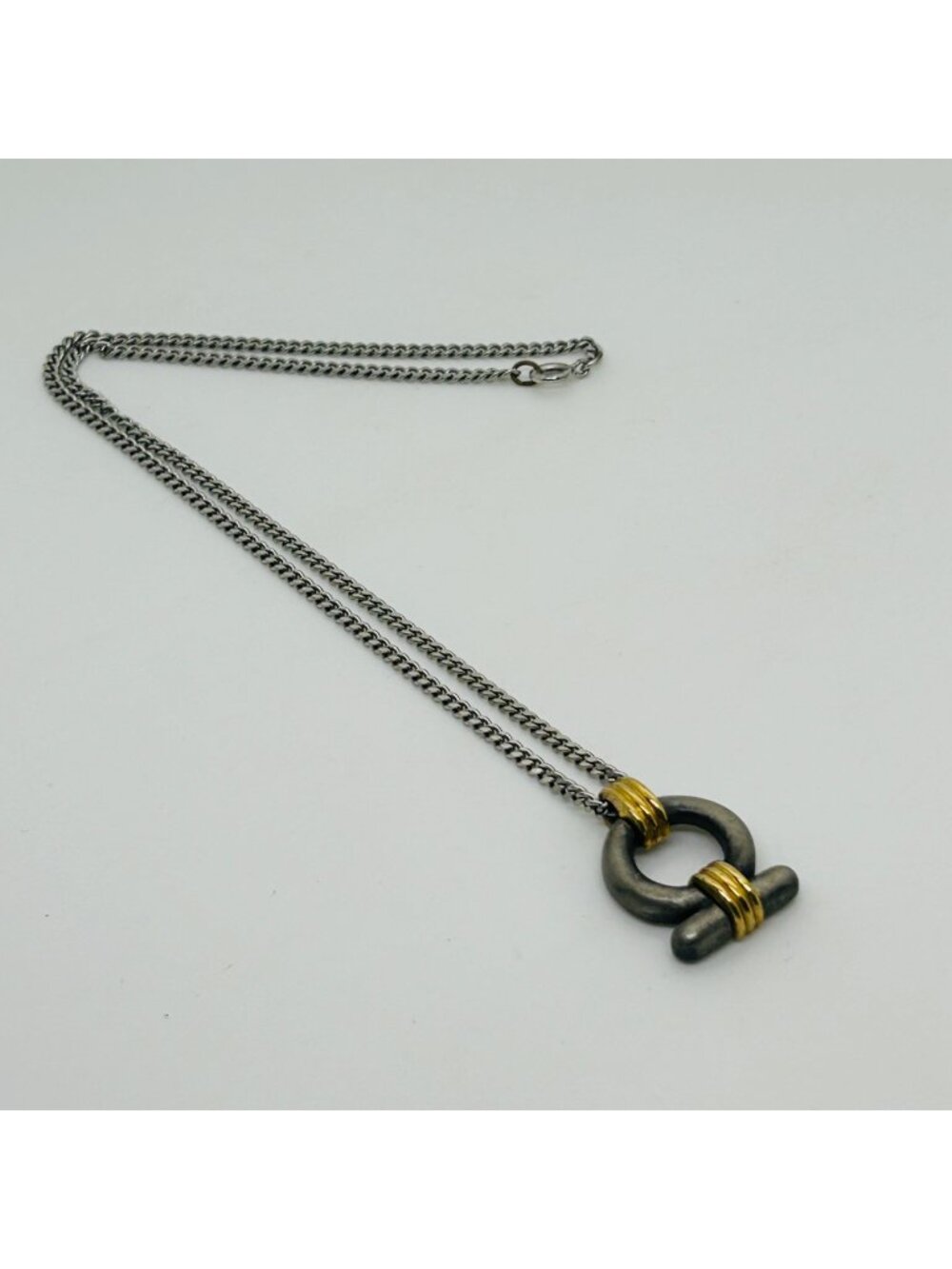 Avon Pendant Necklace Two Tone Silver Gold Ribbed Geometric Modernist Vintage